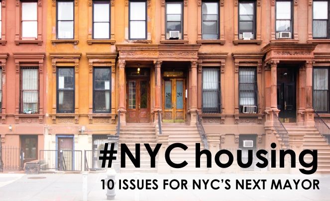 Marketing image for #NYCHousing, image of building facade with text overlay.