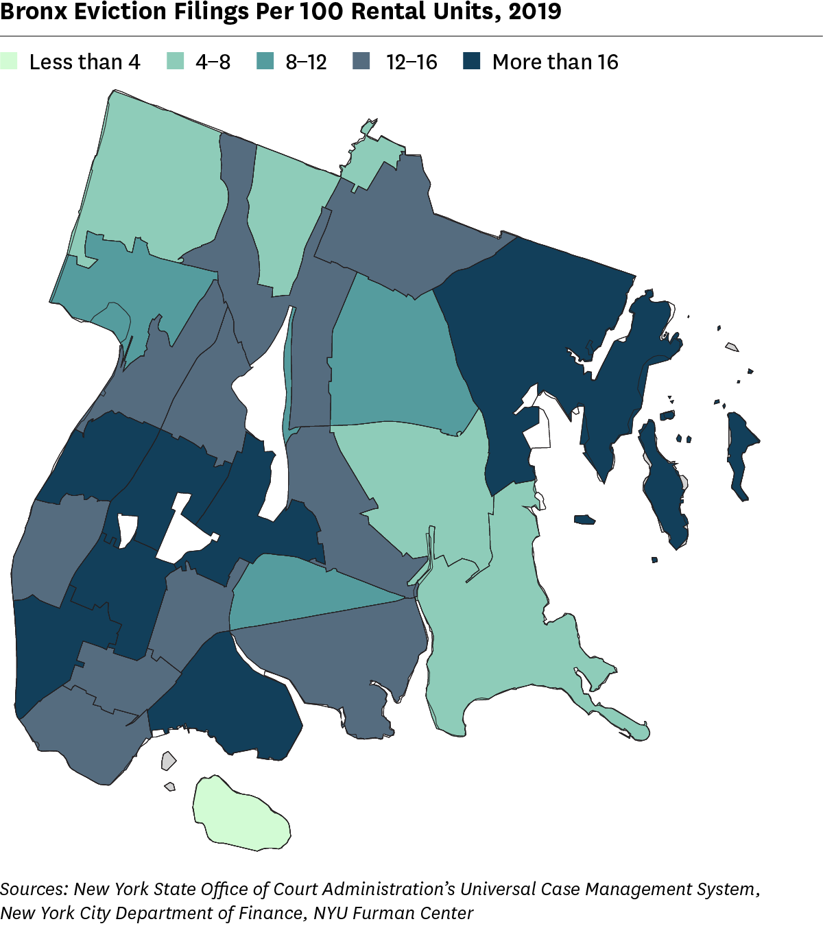 Map showing 2019 eviction filing rates for ZIP Code areas in The Bronx