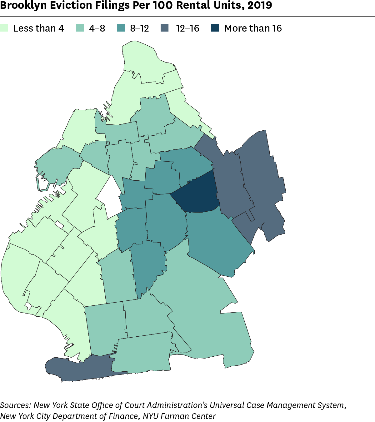 Map showing 2019 eviction filing rates for ZIP Code areas in Brooklyn