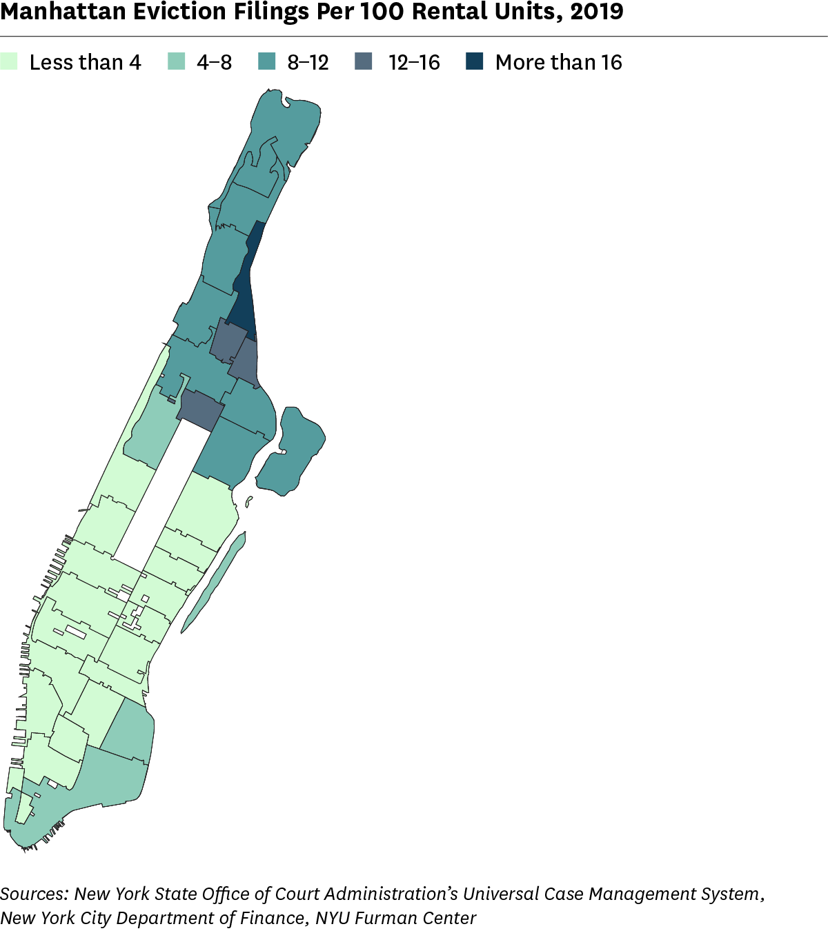 Map showing 2019 eviction filing rates for ZIP Code areas in Manhattan
