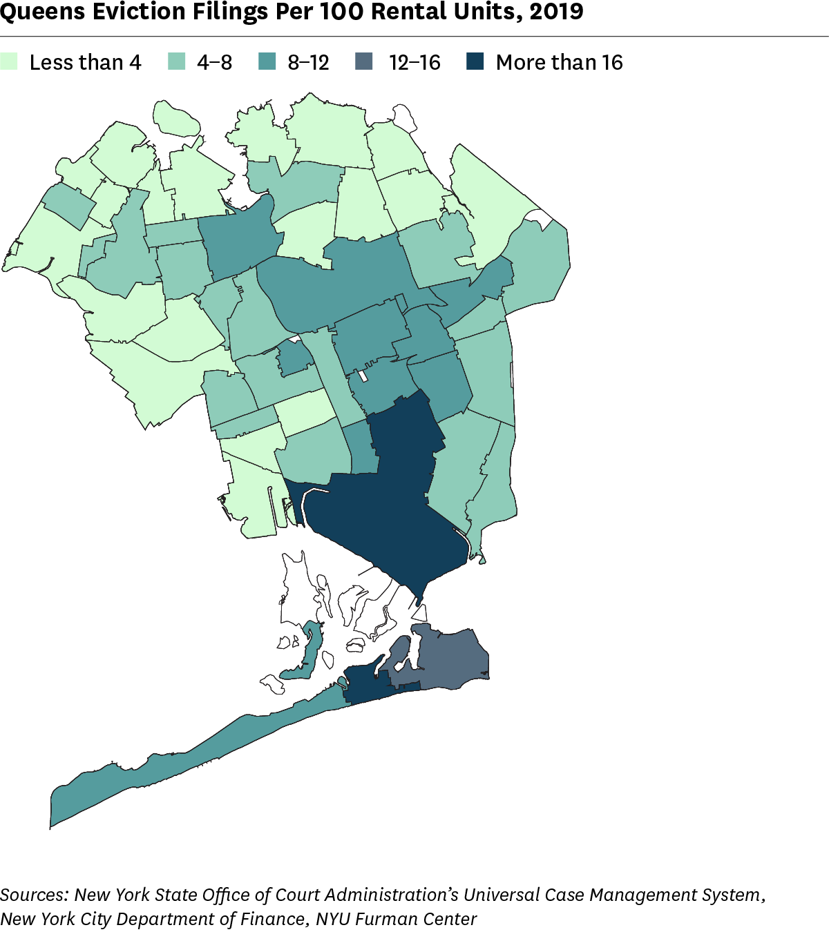 Map showing 2019 eviction filing rates for ZIP Code areas in Queens