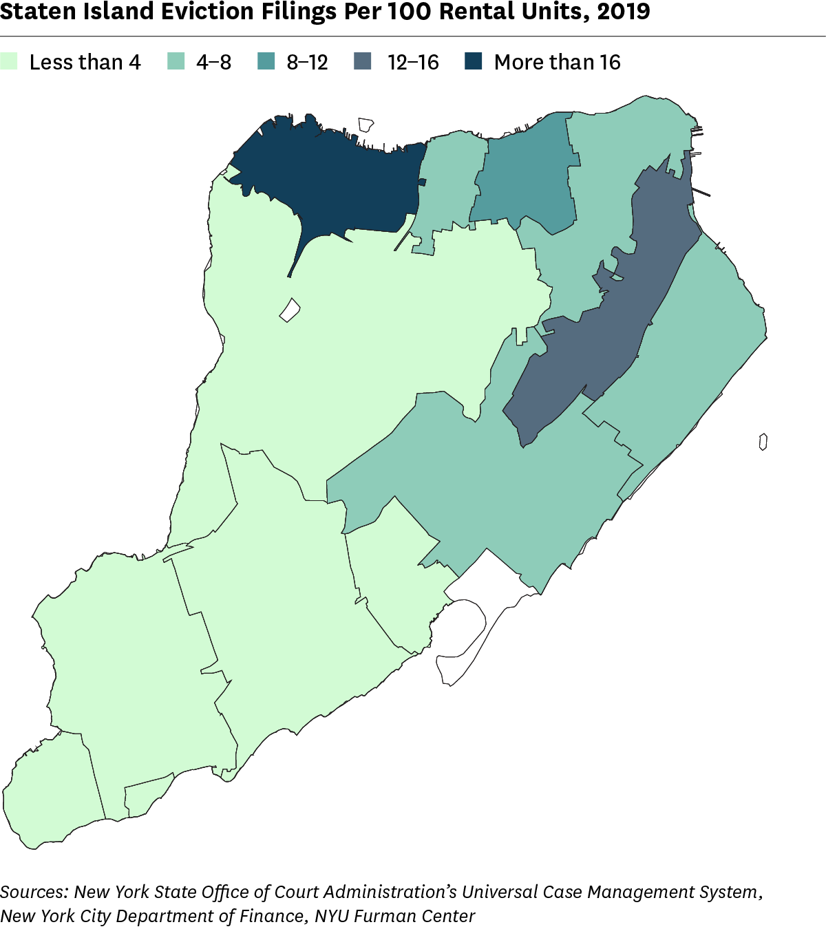 Map showing 2019 eviction filing rates for ZIP Code areas in Staten Island