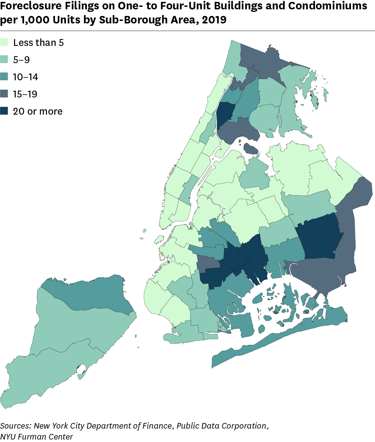 Map showing Foreclosure Filings on One- to Four-Unit Buildings and Condominiums per 1,000 Units by Sub-Borough Area, 2019