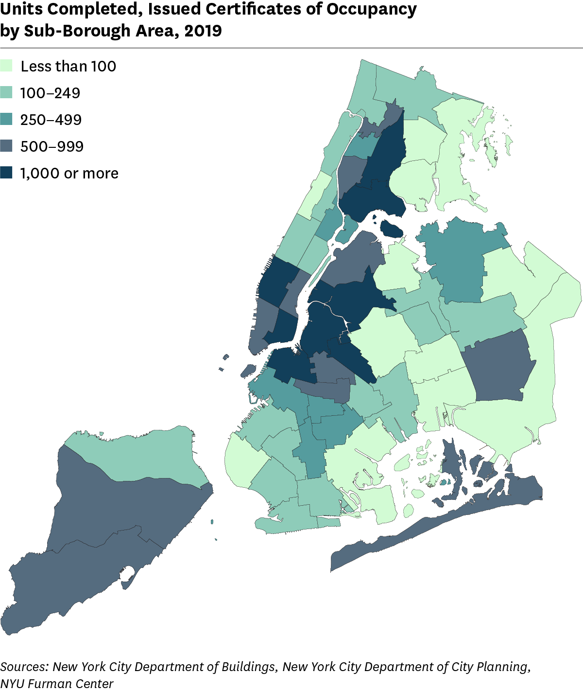 Map showing number of completed residential issued certificates of occupancy by Borough