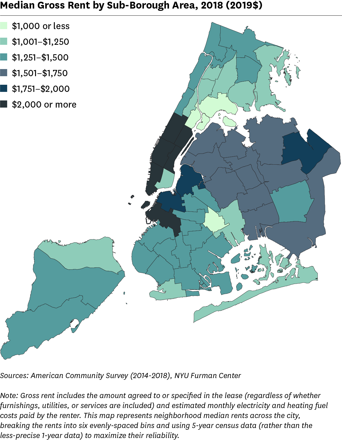 Map showing median gross rent across all sub-borough areas, 2018
