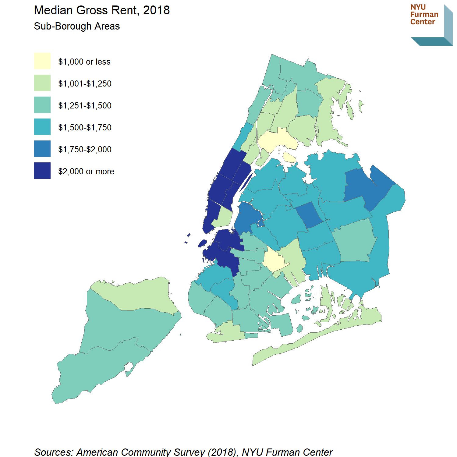 Choropleth map showing  NYC median rent by Sub-Borough Area