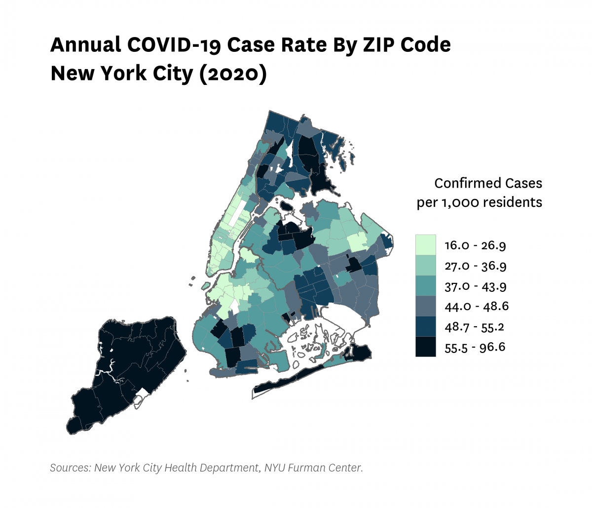 Map of confirmed COVID-19 cases per 1,000 residents in 2020 by zip code in New York City.