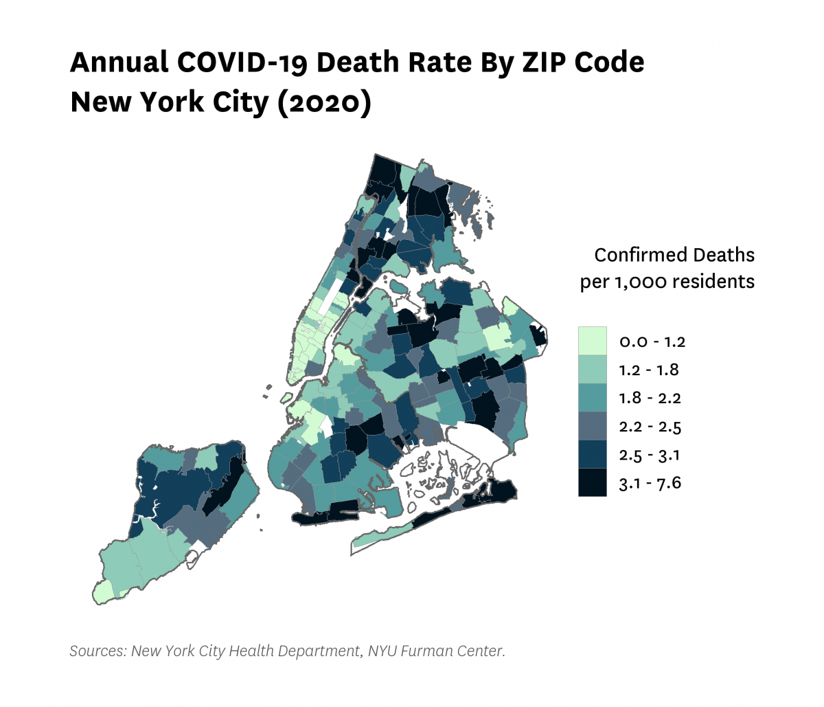 Map of confirmed COVID-19 deaths per 1,000 residents in 2020 by zip code in New York City.