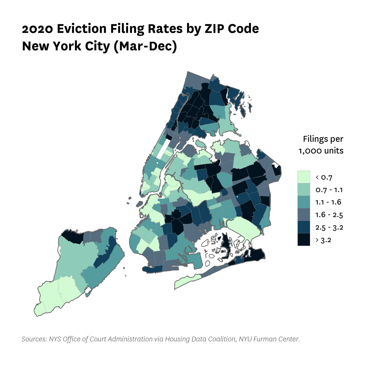 Map showing the 2020 eviction filing rates by zip code in New York City, March to December.