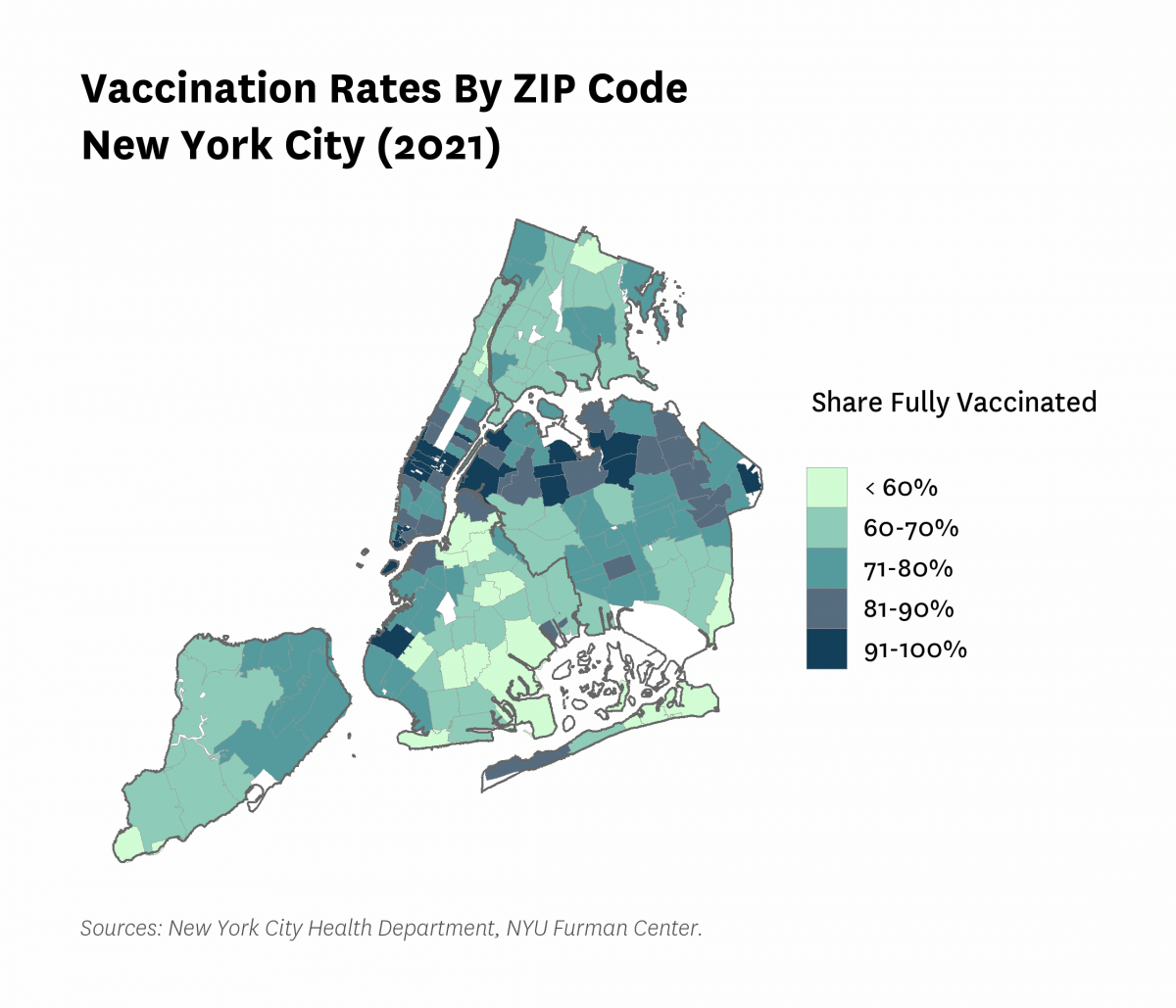Map of fully vaccinated New Yorkers per 1,000 residents in 2021 by zip code in New York City.