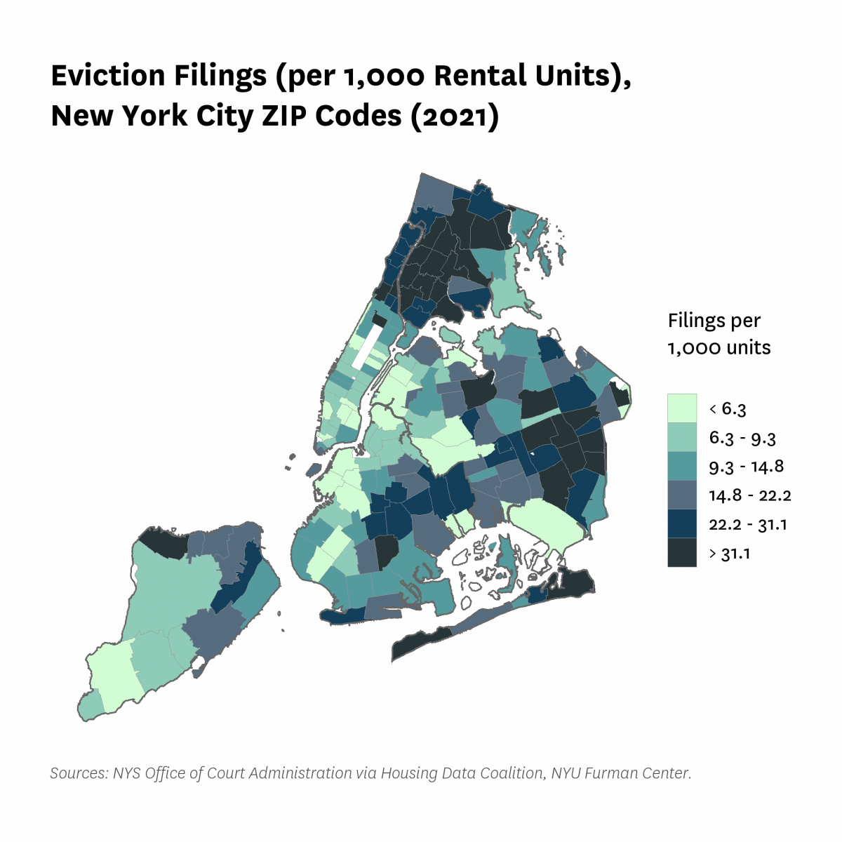 Map showing the 2021 eviction filing rates by zip code in New York City.