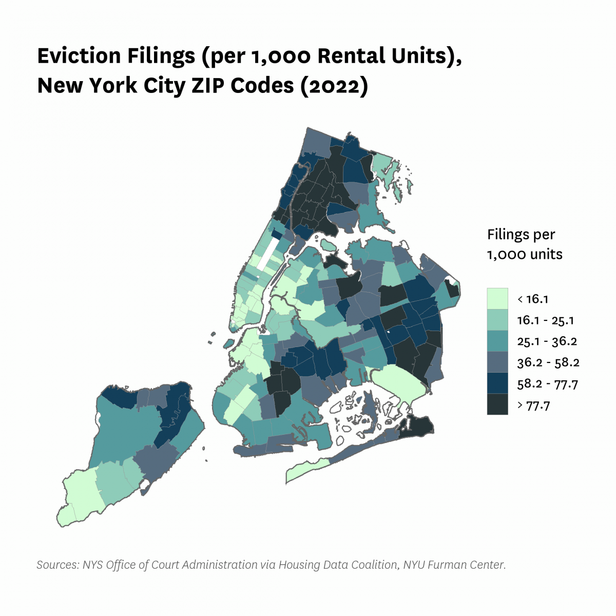 Map showing the 2022 eviction filing rates by zip code in New York City.