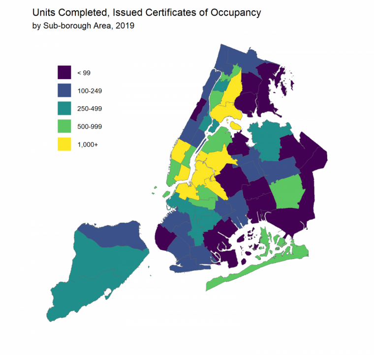 Map of units completed by Sub-Borough Area. See text for discussion.