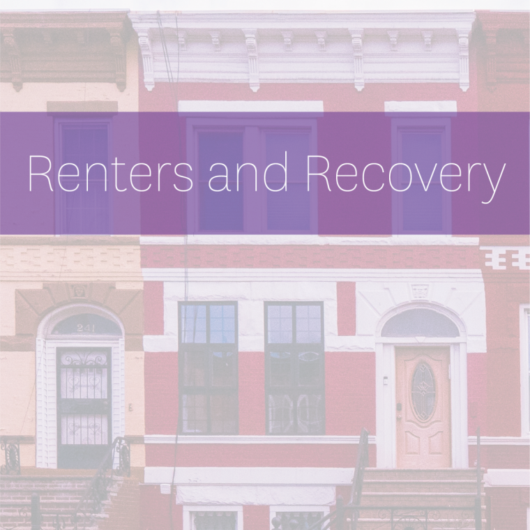 Renters and Recovery over streetscape background