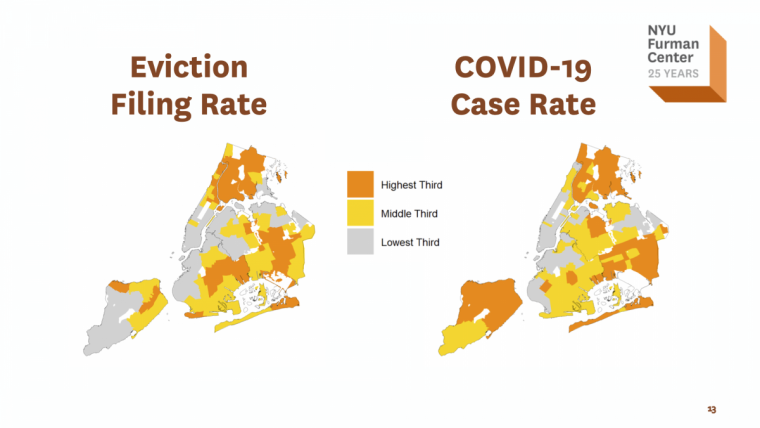 Map showing high eviction filing Zip Codes overlap with neighborhoods with high COVID-19 prevalence.