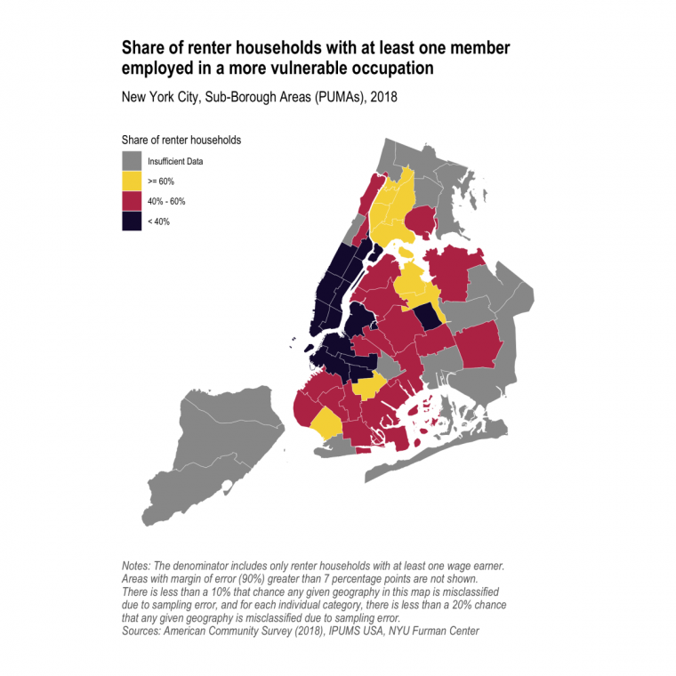 Map showing households vulnerable to COVID-19 income disruption concentrated in outer boroughs,